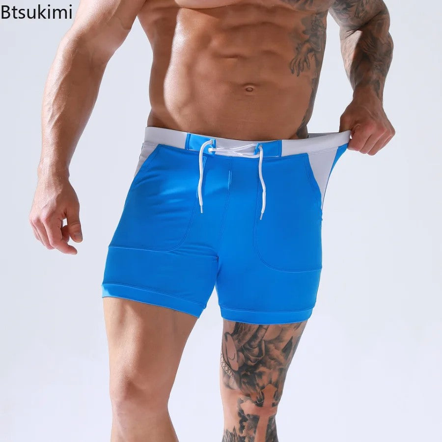 Men's Summer Swimwear Shorts Quick Dry Swimming Trunks Surf Board Solid Shorts Boxer Briefs Swimsuit Beach Sun Bathing Shorts