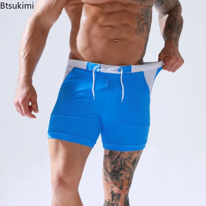 Men's Summer Swimwear Shorts Quick Dry Swimming Trunks Surf Board Solid Shorts Boxer Briefs Swimsuit Beach Sun Bathing Shorts