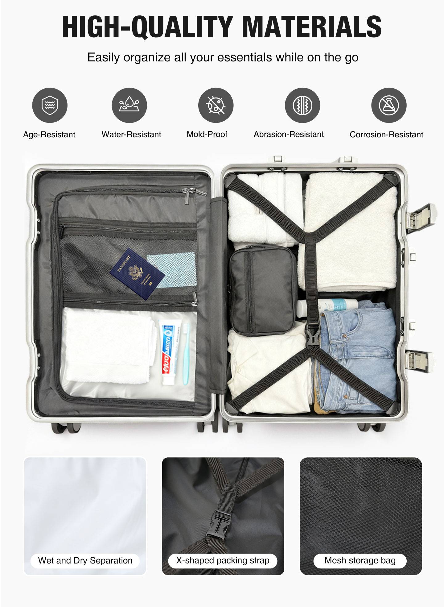 Malas de Viagem com Armação de Alumínio e Casca Rígida de PC, Resistentes à Pressão, Rodas Giratórias Silenciosas 360°, com Trava TSA.