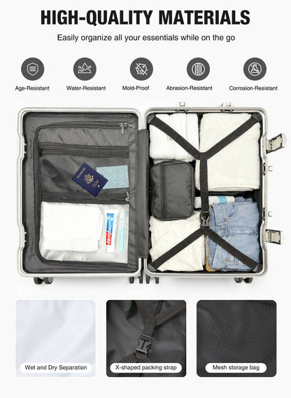 Malas de Viagem com Armação de Alumínio e Casca Rígida de PC, Resistentes à Pressão, Rodas Giratórias Silenciosas 360°, com Trava TSA.