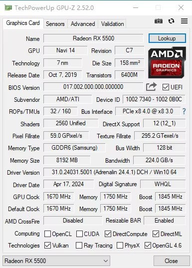 Placa de Vídeo MLLSE RX 5500 8 GB para Jogos 7 NM 128 bits GDDR6 8 pinos PCI Express 4.0 x 8 1717 MHz DP*3 Desktop