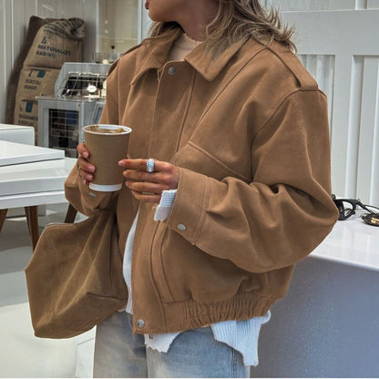 2025 Autumn Fashion Casual Solid Suede Jackets Women Street Stand Collar Full Sleeve Zippers Loose Coats Female  Jacke