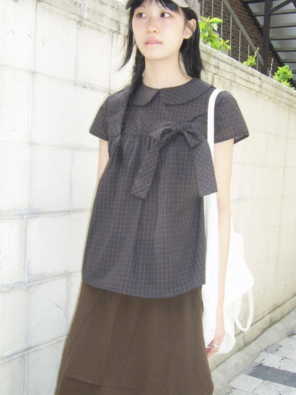 Vintage Plaid Shirts Women Japanese Harajuku Bow Peter Pan Collar Blouses Summer Korean Aesthetic Short Sleeve Casual Tops New