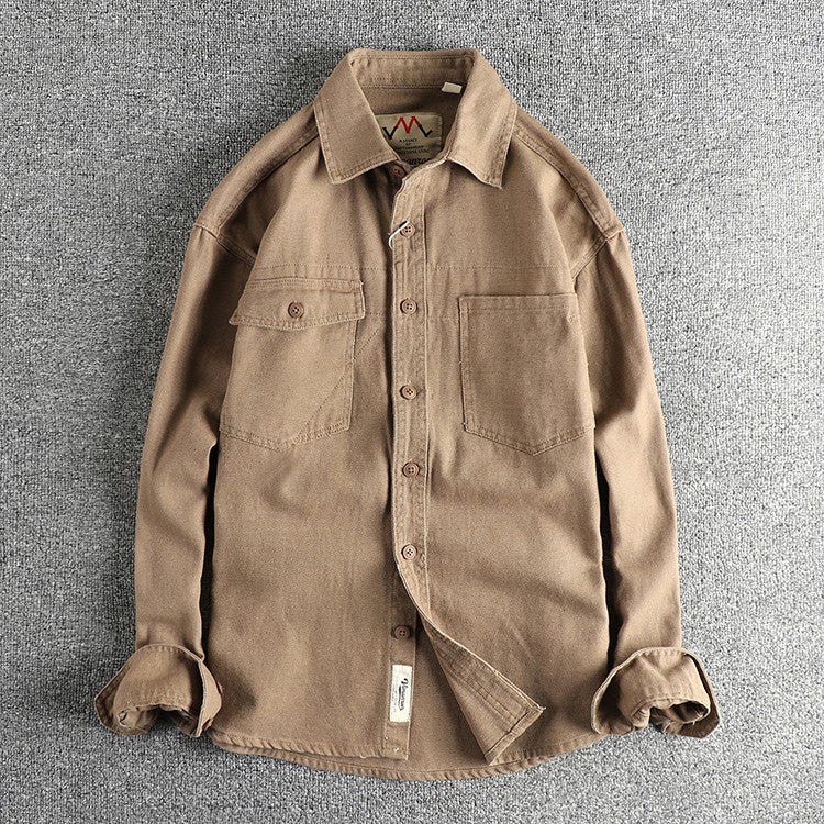2025 Spring and Autumn New American Retro Woven Twill Cargo Shirt Men's Simple 100% Cotton Washed Double Pocket Causal Blousers
