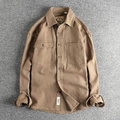 2025 Spring and Autumn New American Retro Woven Twill Cargo Shirt Men's Simple 100% Cotton Washed Double Pocket Causal Blousers