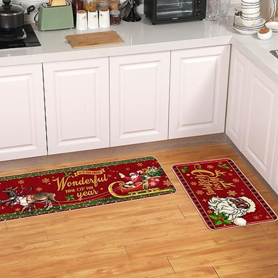 2 Pcs Christmas Kitchen Rugs Black Santa Christmas Decorations Xmas Winter Floor Mats Non Slip Washable Rubber Backing Doormat