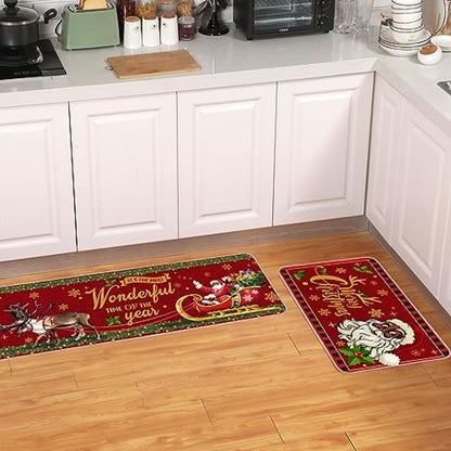 2 Pcs Christmas Kitchen Rugs Black Santa Christmas Decorations Xmas Winter Floor Mats Non Slip Washable Rubber Backing Doormat