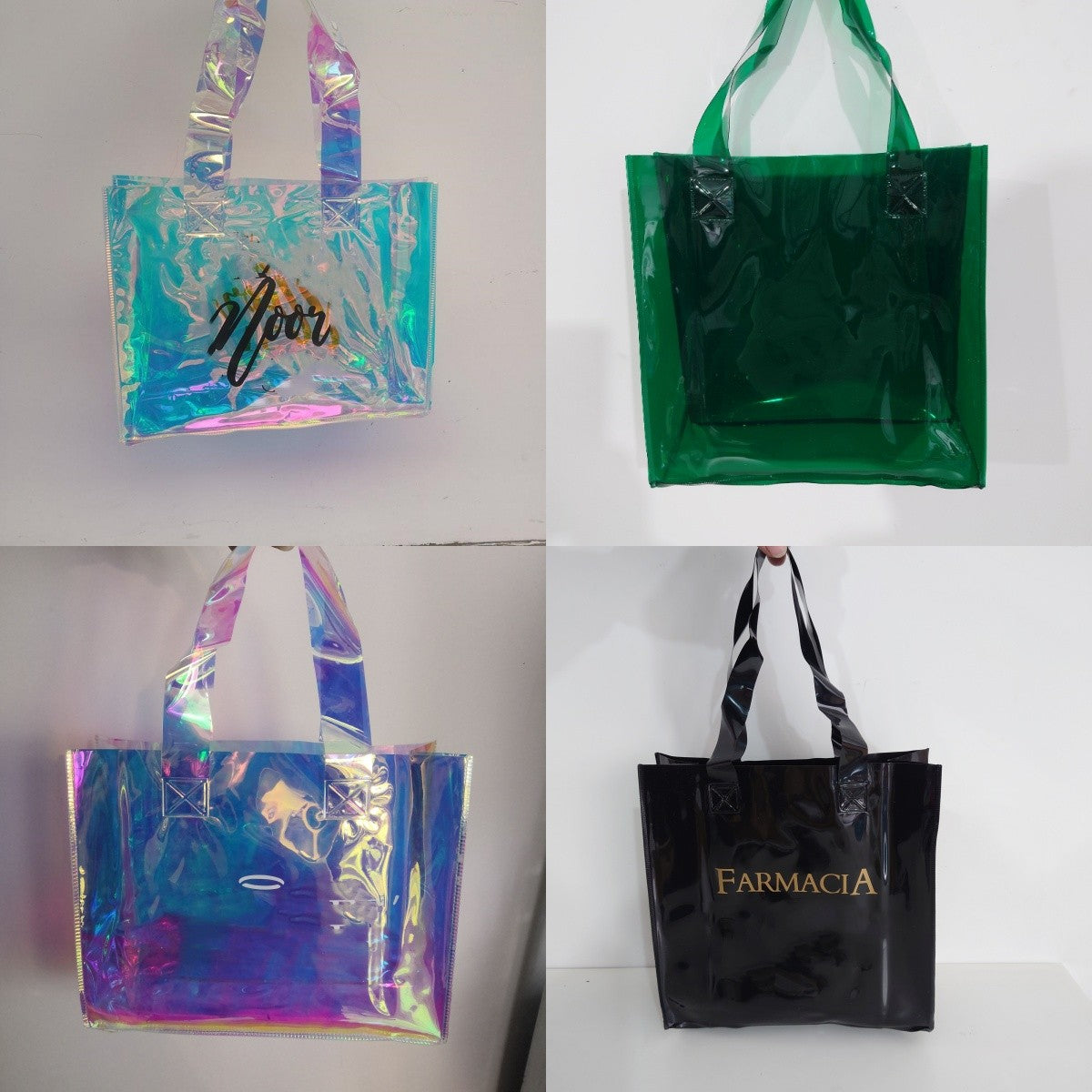 Wholesale 200pcs/Custom Logo Laser Holographic Iridescent PVC Tote Bag Luxury Fashion Beach Shopping Tote Bag Waterproof Bag