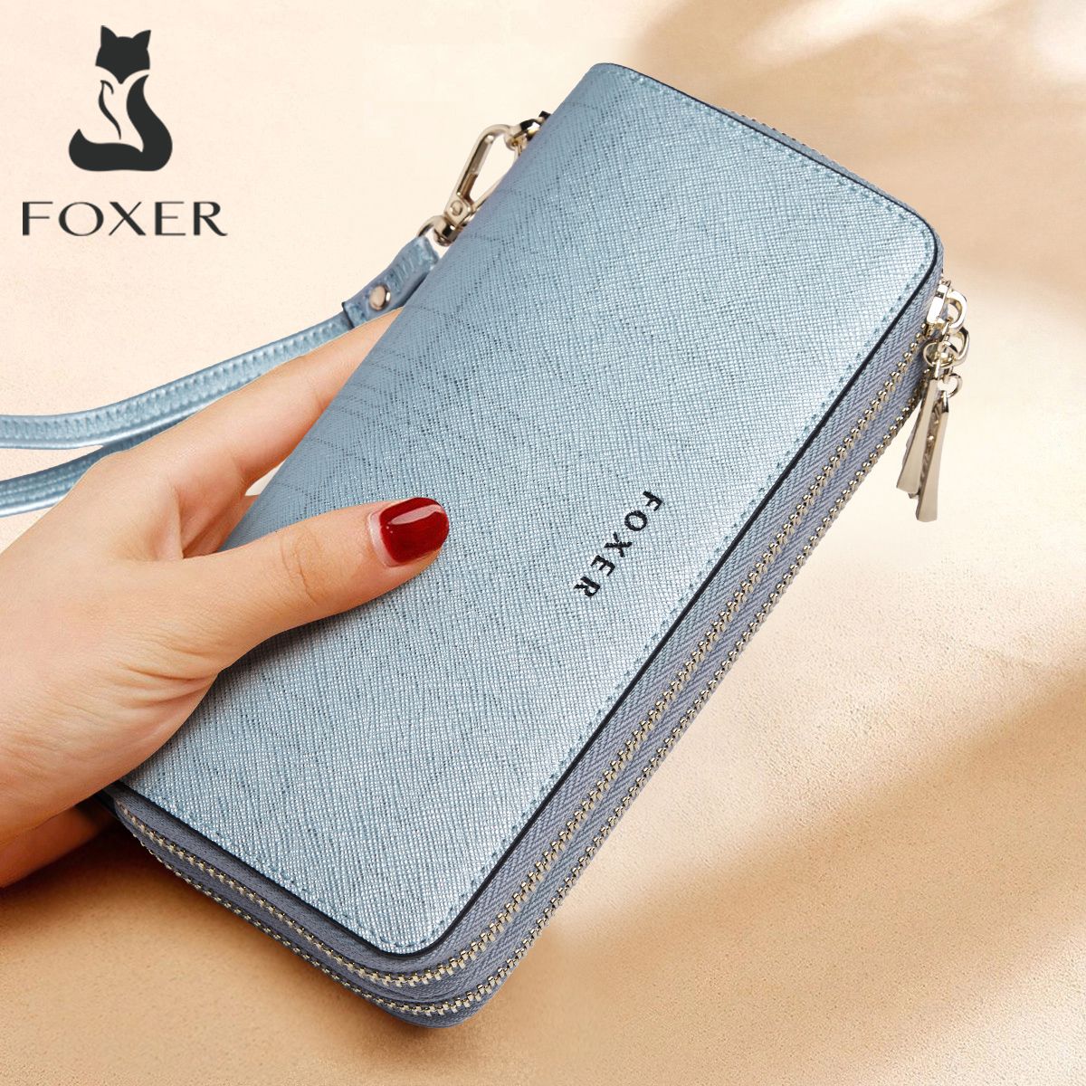 FOXER Split Leather Lady's Wallet Bifold Long Clutch Bag with Wristlet Fashion Card Holder Coin Purse Cellphone Money Bag