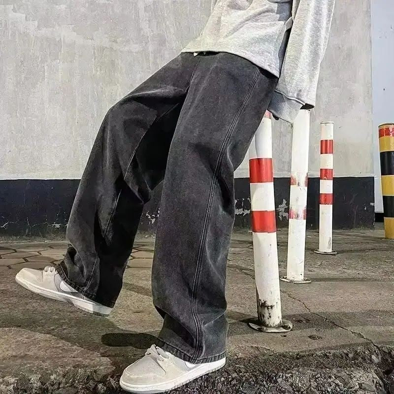 2025 Calça Jeans Masculina Coreana Casual Longa Reta Perna Larga Denim Cor Sólida Azul Claro Cinza Preto