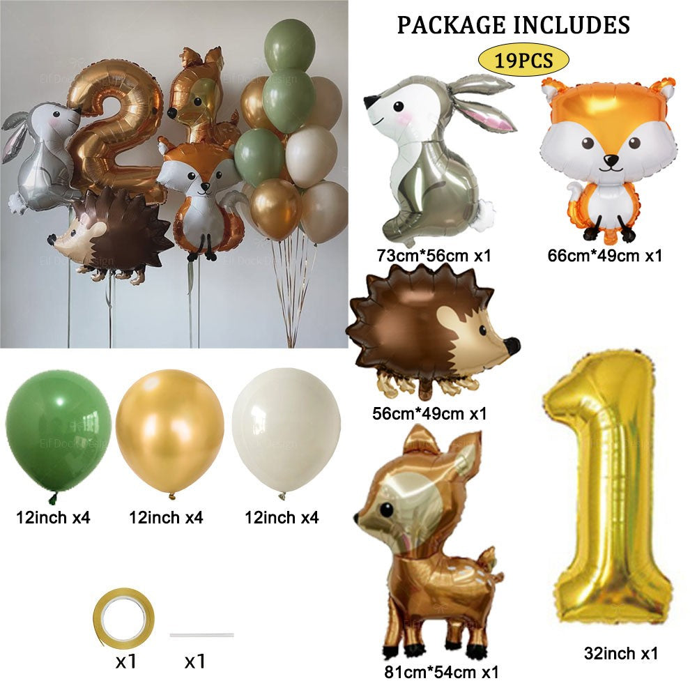 19pcs Hedgehog Deer Fox Rabbit Balloon Set Gold Number Balloon Woodland Animal Happy Birthday Party Decorations