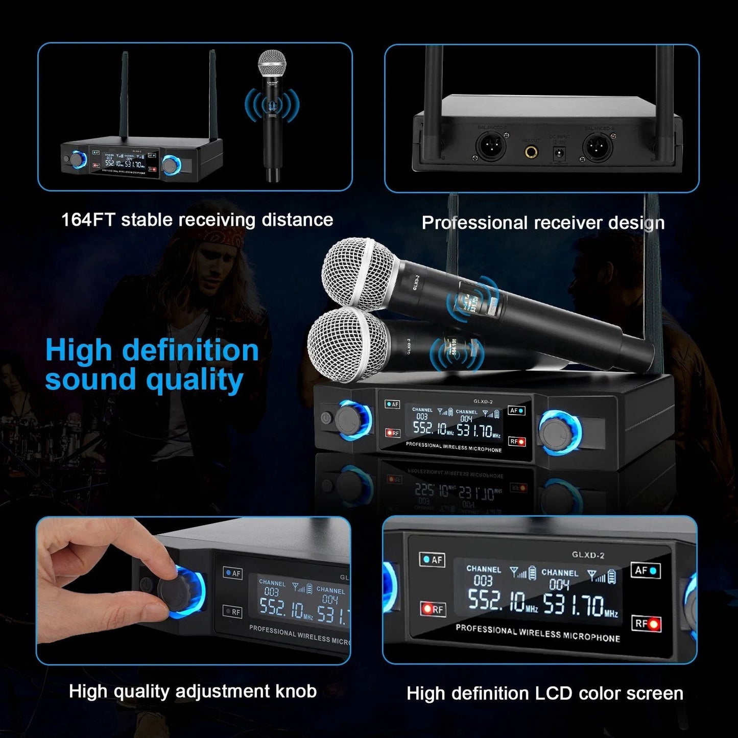 G-L-X Sistema de Microfone Sem Fio Profissional de Canal Duplo UHF Frequência Fixa Microfone Dinâmico de Mão Sem Fio Para Festa de Karaokê