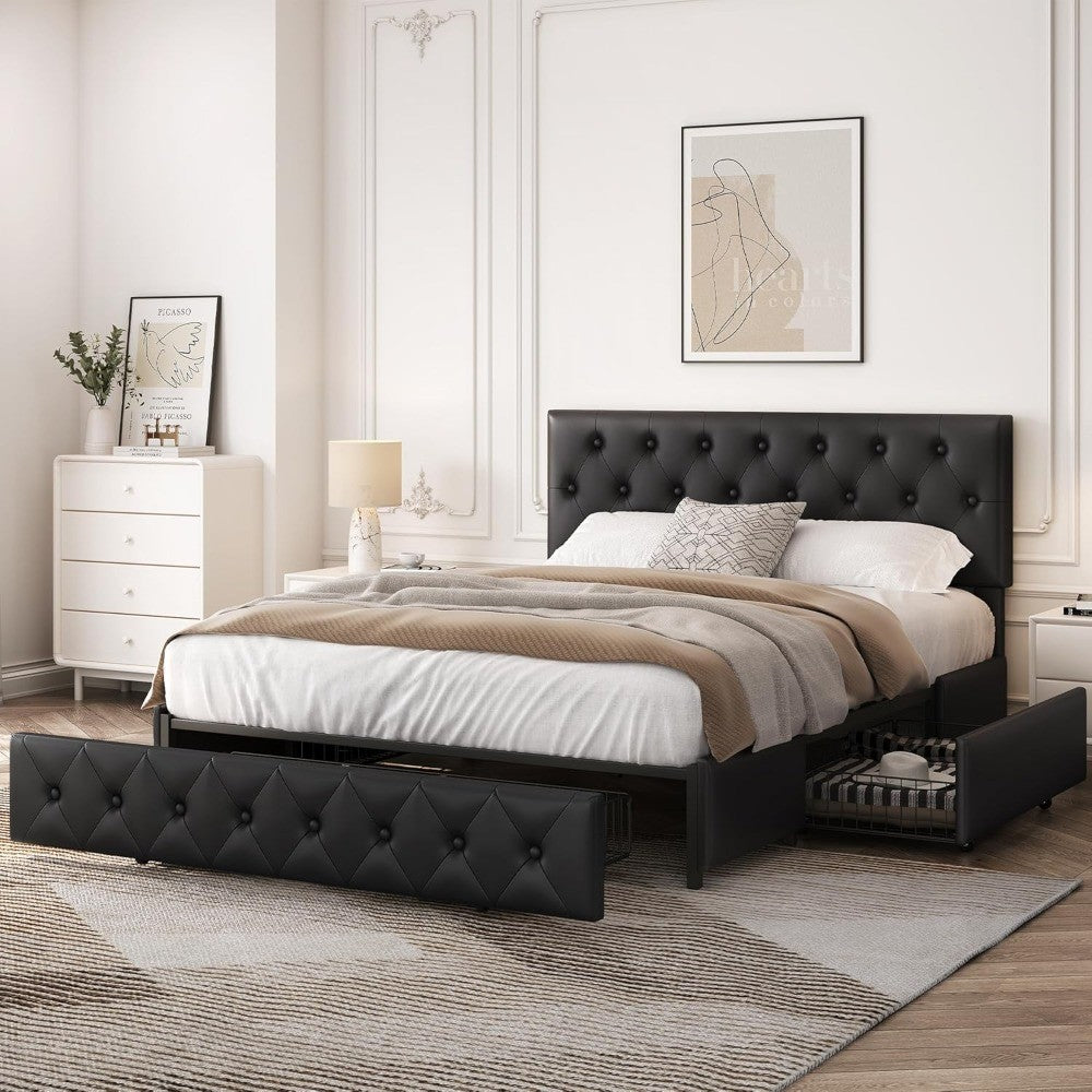 Yaheetech Queen Bed Frame Upholstered Bed Frame with Adjustable Diamond Button-Tufted Headboard/3 Drawers Storage, Queen Platfor