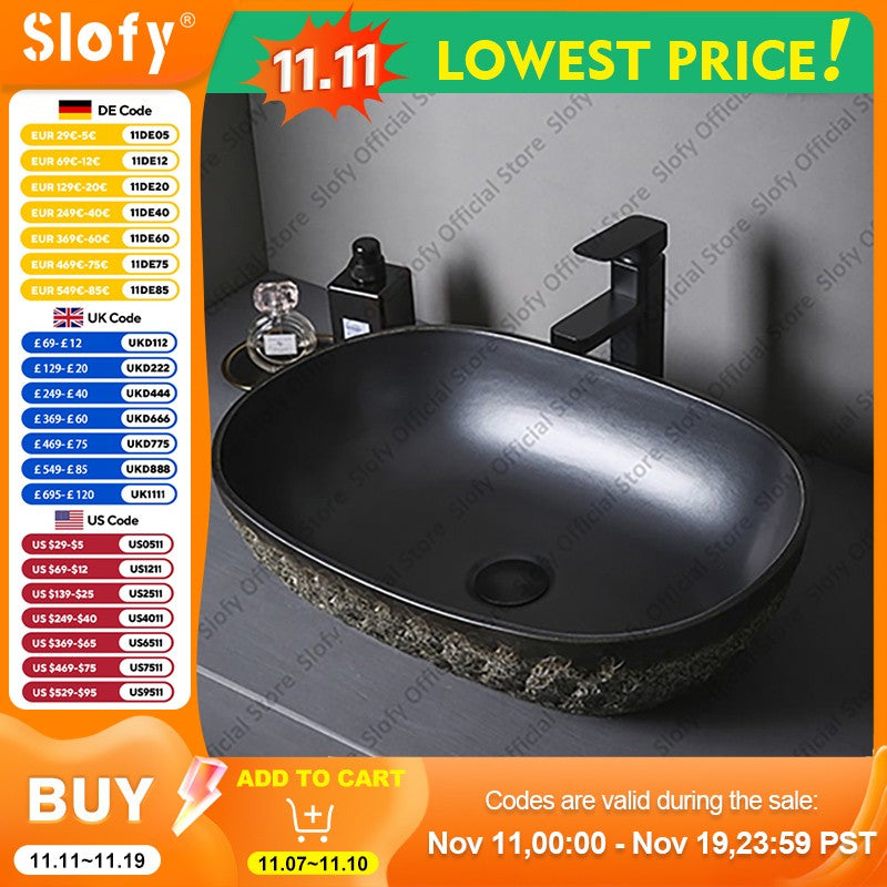 Vintage Style Ceramic Washbasin Black Artistic Hotel Family Bathroom Sink Basins Large Oval Balcony Garden Outdoor Washing Basin