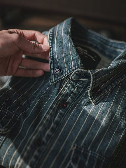 Streetwear Men's Denim Shirts Casual Long Sleeve Buttoned Lapel Striped Blouse Shirt for Men Spring Casual Cargo Shirt Tops