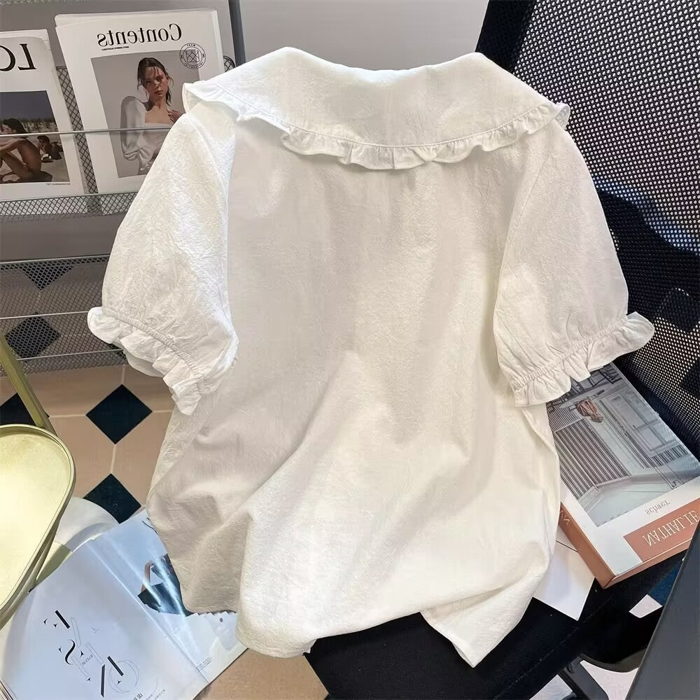 Japanese Kawaii Cute Lolita Blouses Women Vintage Sweet Schoolgirl Lace Peter Pan Collar Shirts Spring Embroidery Y2k Tops Mujer