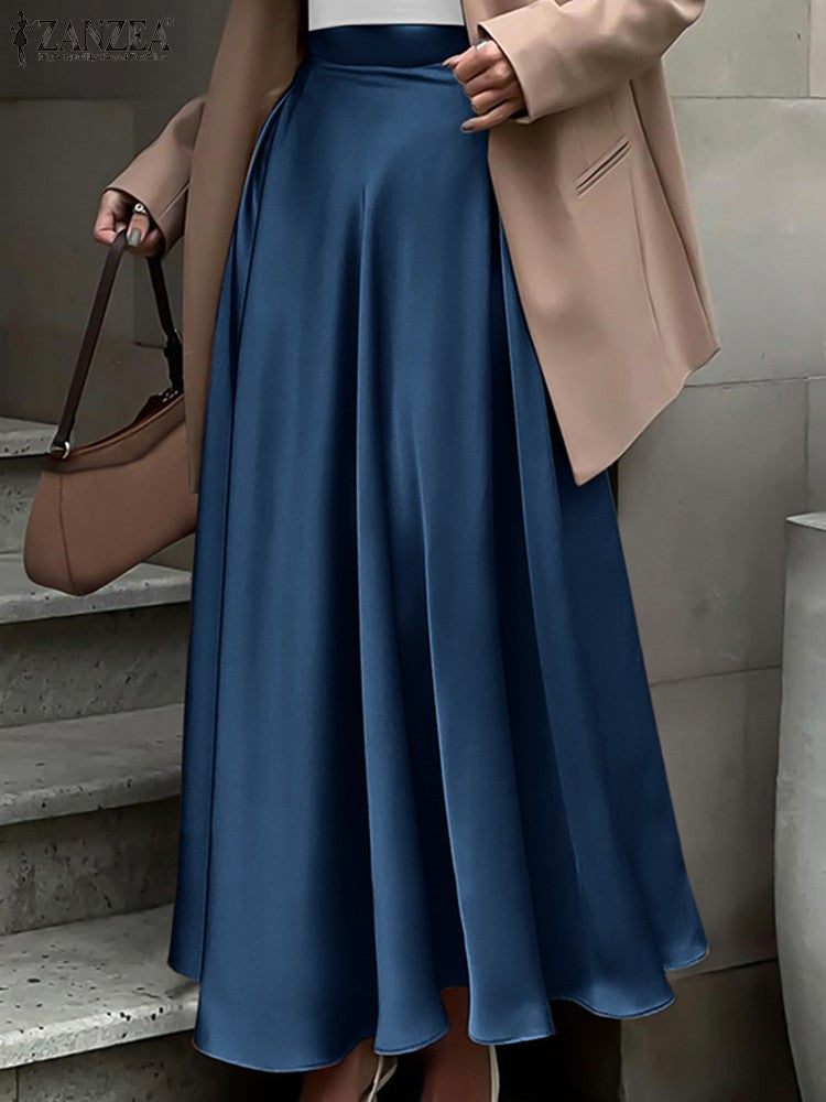 2025 Stylish Autumn High Waist Party Satin Skirts ZANZEA Women Jupe Plus Size Solid A-line OL Work Faldas Saia Maxi Long Skirt