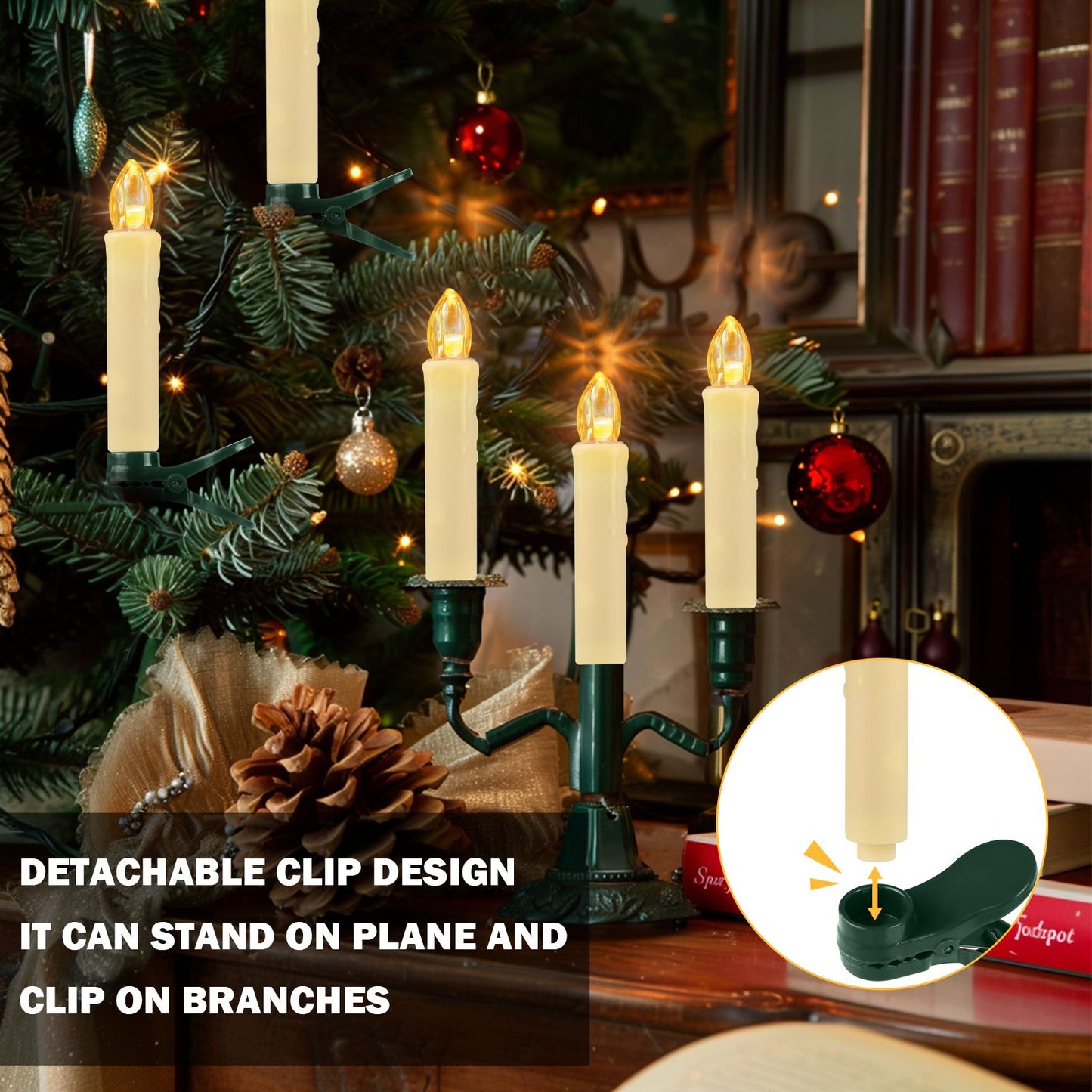 Flameless LED Taper Candles Christmas Tree Electric Candle Lights Mini Taper Clip-On Candles with Remote Timer for Wedding Decor