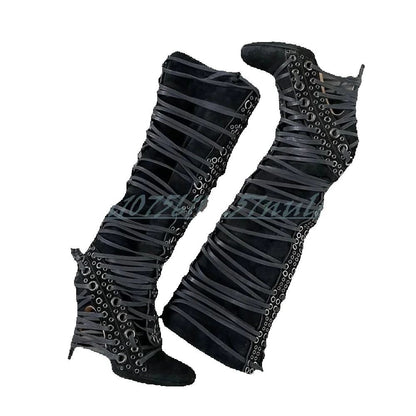 Sexy Hollow Round Rivets Strappy Mid Calf Boots Round Toe Many BFashion Sexy Strappy Women Shoes 2025 Spring Zapatos Para Mujere