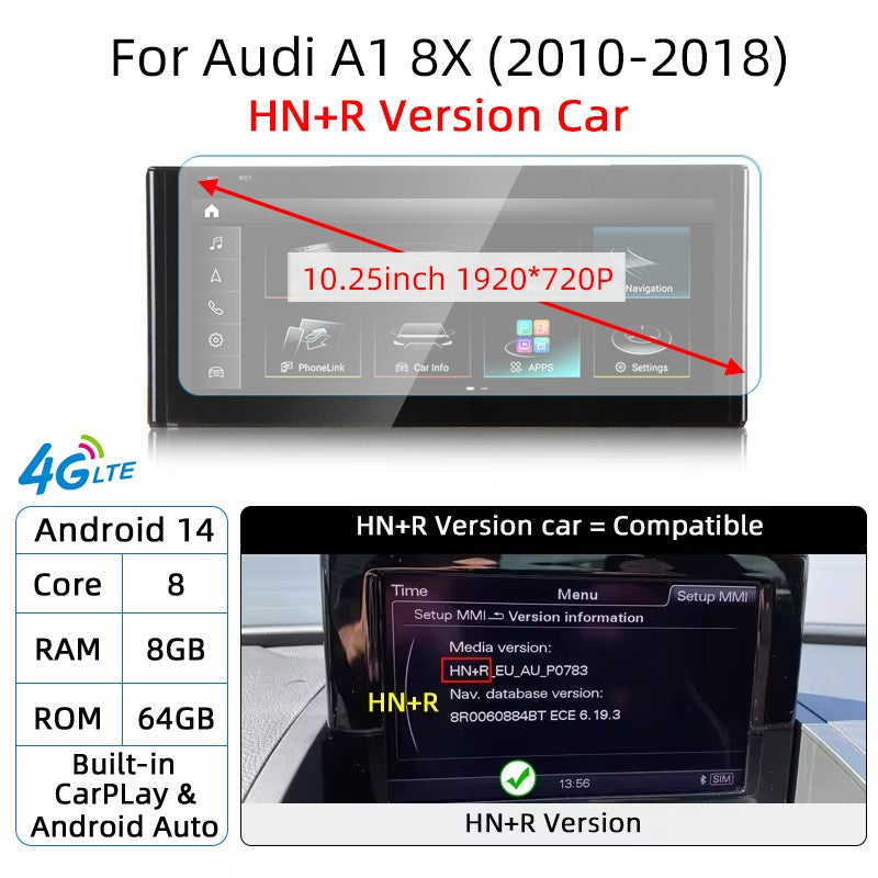 Android 14 Auto Rádio CarPlay Para Audi A1 Q2 2010-2023 GPS Carro Multimedia Player Navi Estéreo DSP WIFI SIM BT Tela de Toque IPS