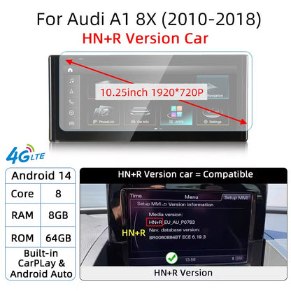 Android 14 Auto Rádio CarPlay Para Audi A1 Q2 2010-2023 GPS Carro Multimedia Player Navi Estéreo DSP WIFI SIM BT Tela de Toque IPS