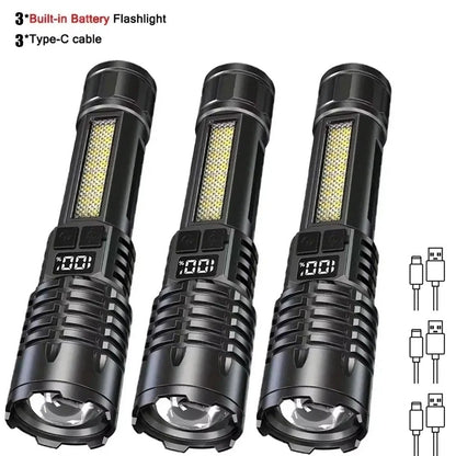 Super Bright COB LED Flashlight TYPE-C Rechargeable Zoomable With Side Light Waterproof Torch Camping Hiking Emergency Outdoor