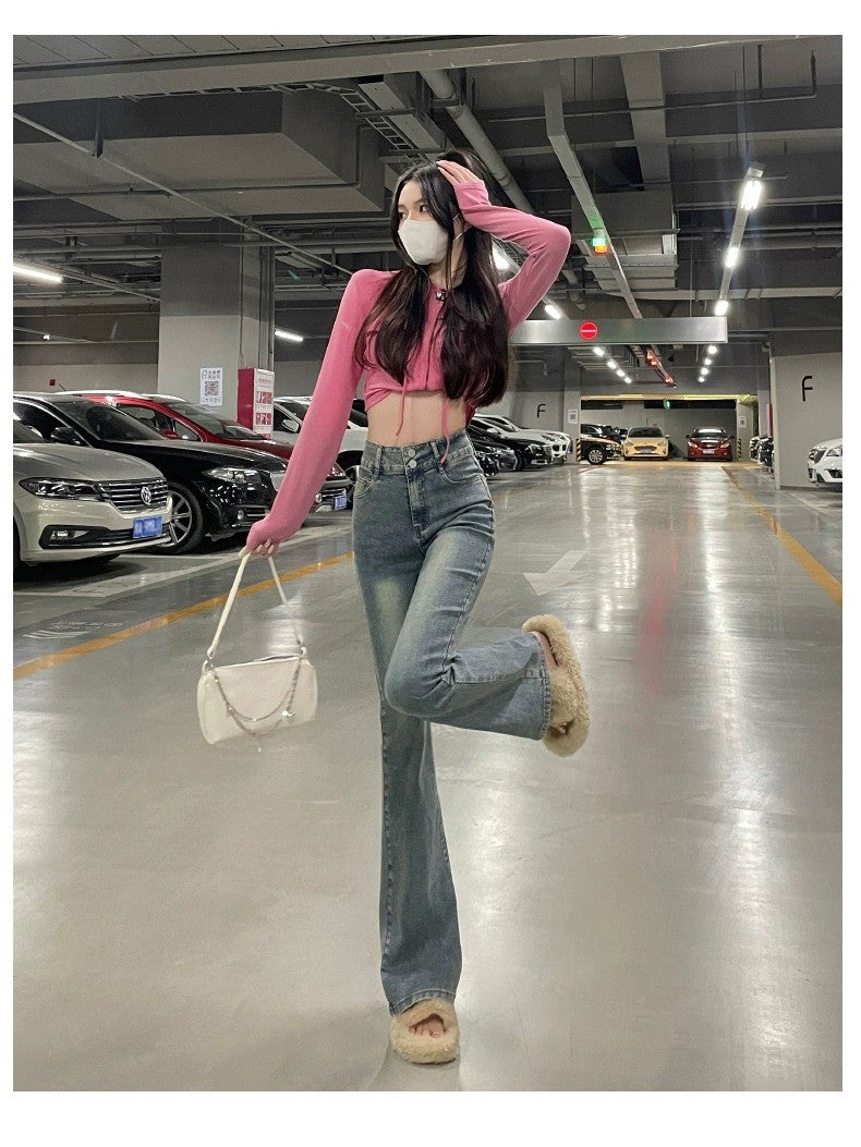 High Waist Fce Lined Thiened Autumn Winter American Bla ey Micro Flared Jeans Women Slimming Legging  Hoof Pants