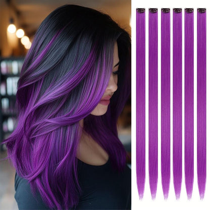 6 Pcs Clip Extensions, 24 Inch Colored Hair Extensions Party Highlights Long Straight Synthetic Hairpieces for Women Kids Girl