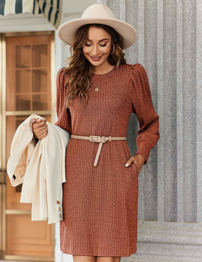Y2K autumn and winter women's crew neck solid color sweater bubble sleeve fashion commuter dress comfortable casual loose dress