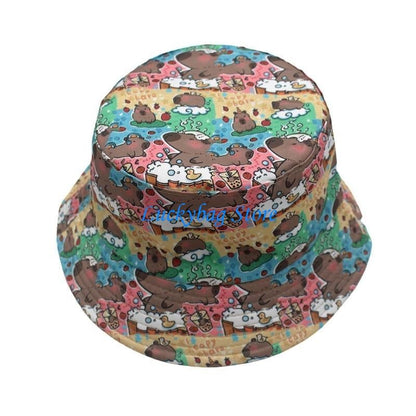 X7XE Trendy Capybara Pattern Fisherman Hat Beach Vacation Bucket Sunshade Hat for Animal Lover and Trendsetters