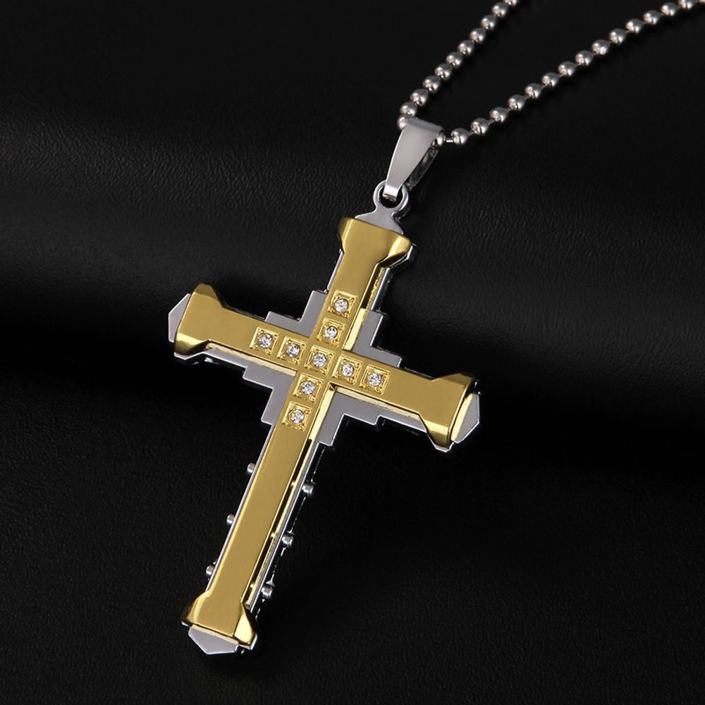 SUMENG 2025 Novo Colar Masculino de Aço Inoxidável com Pingente de Cruz de Cristal Jesus nas Cores Dourado/Preto/Azul e Zircônia
