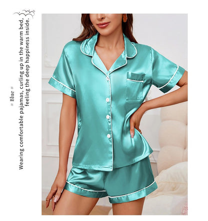 Luxurious Satin Pajama For Women Turn-down Collar Button Top & Shorts Sleepwear & Loungewear for Summer Home Clothes Suit
