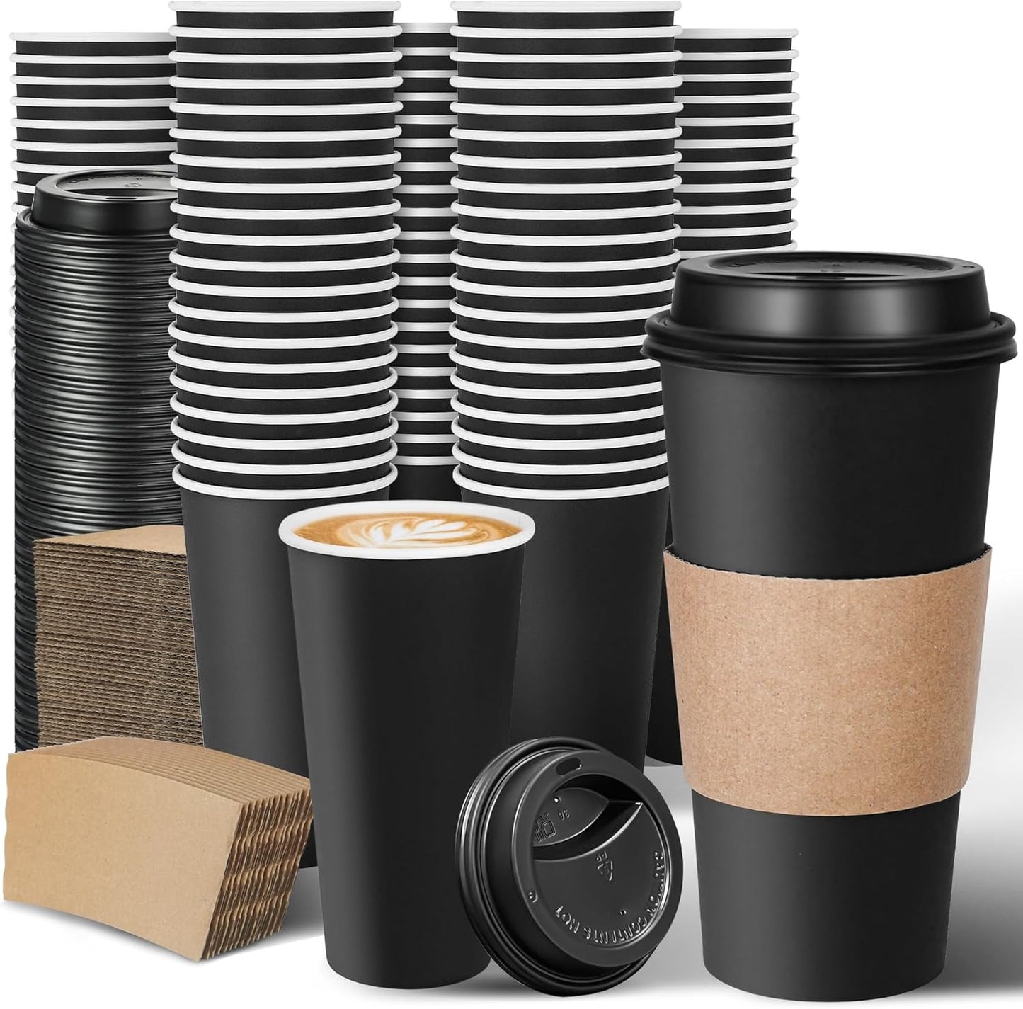 100 Copos de Café Descartáveis de 20 oz com Tampas e Luvas, Copos de Viagem Pretos Isolados e à Prova de Vazamento para Cafeterias, R