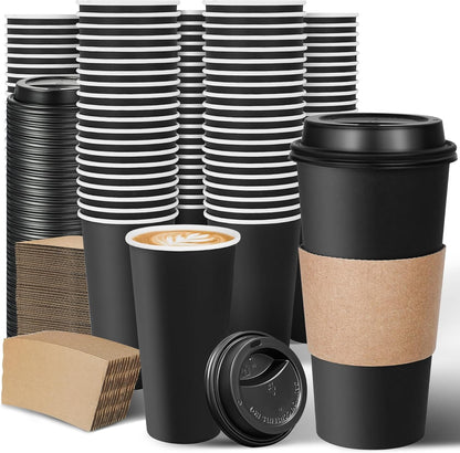 100 Copos de Café Descartáveis de 20 oz com Tampas e Luvas, Copos de Viagem Pretos Isolados e à Prova de Vazamento para Cafeterias, R