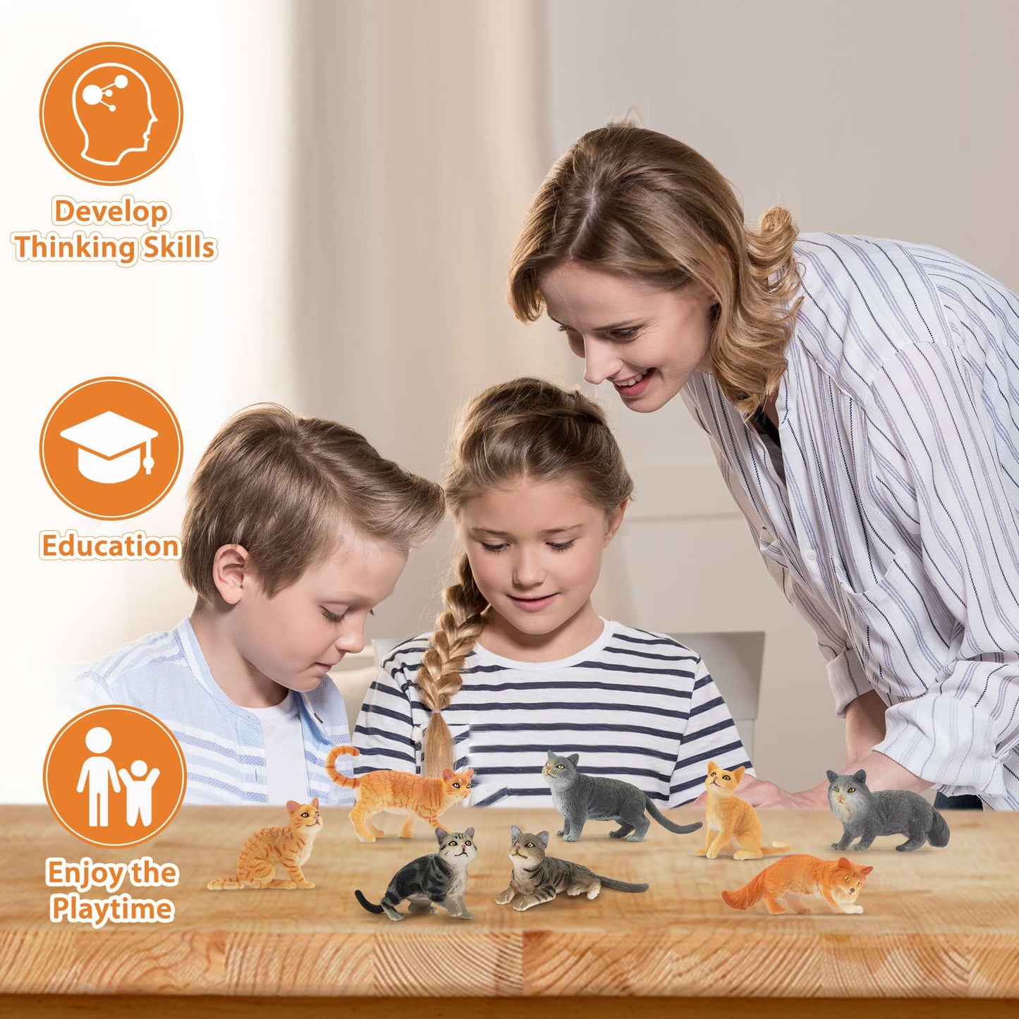 Toymany 8Pcs Grey & Orange Cat Figures, Simulation Pet Animal Model Toys for Kids Children Gift Set, Mini Collectible