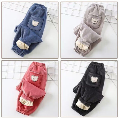 1pcs Boy Girl Winter Velvet Corduroy Kids Pants Little Bear Cartoon Mid Waist Warm Pantalones Baggy Thick Plush Children Trouser