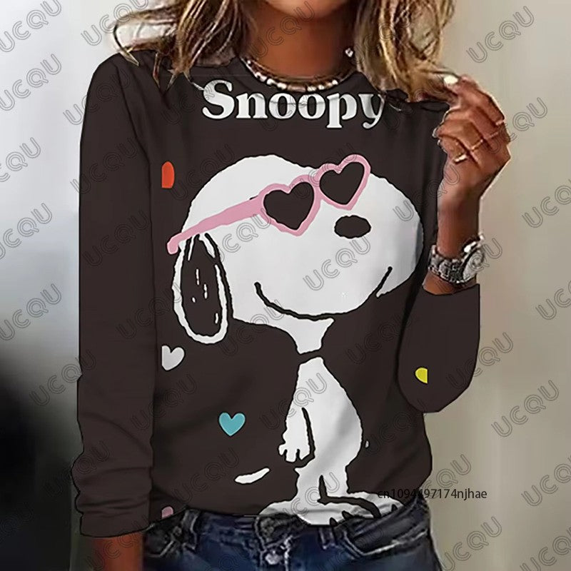 Autumn Winter New Cartoon Snoopy Print Women's Long Sleeve T-shirt Fashion O-neck Tees Casual Sweatshirt Oversize Female Clothes