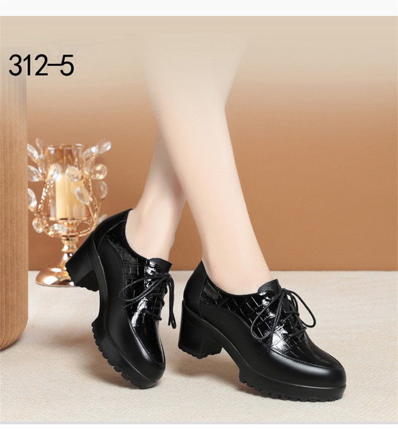 Deep Mouth Soft Leather Shoes Women Oxfords Platform Pumps High Heels Shoes Black Lace up Office Work Pumps Shoes Comfortable