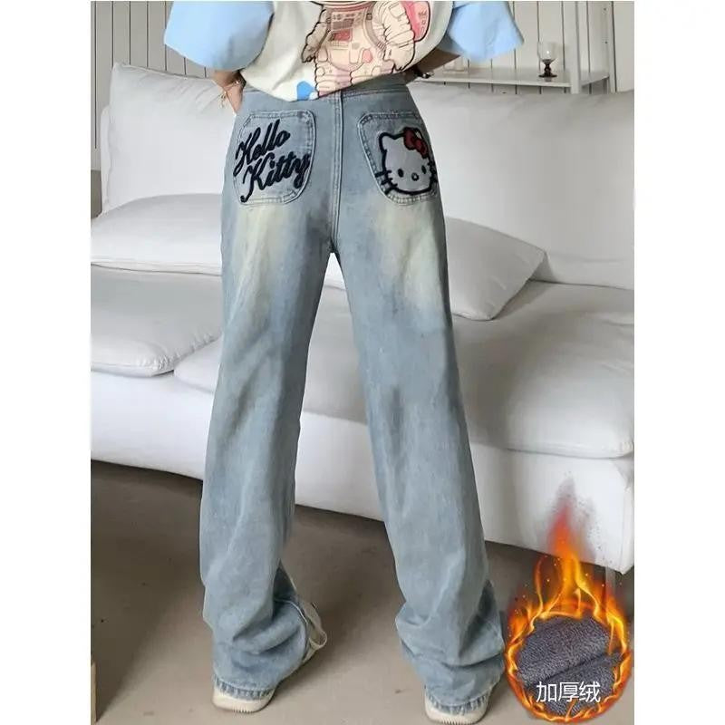 New Hello Kitty Wide Leg Pants Women's Spring Girl China-Chic Embroidery Loose Skinny Straight Leg Denim Pants Straight Trousers