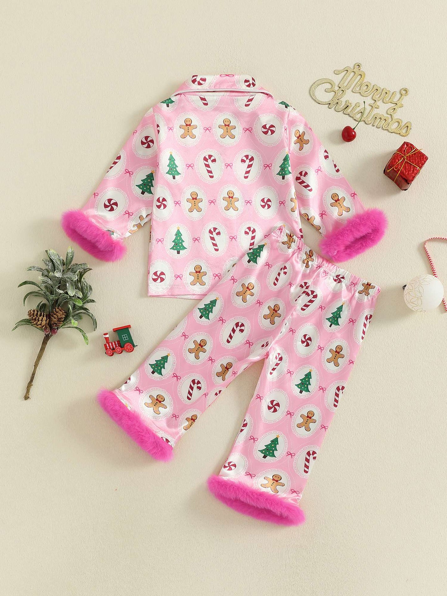 Girls Christmas Satin Pajama Set with Reindeer Print Lapel Long Sleeve Button Down Top and Matching Pants Sleepwear