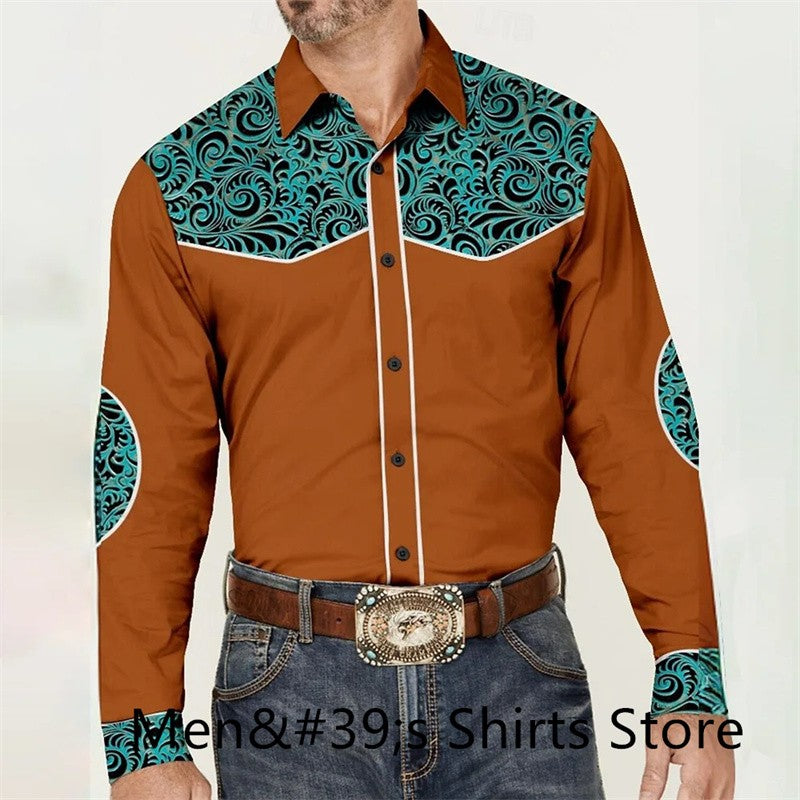 Vintage Men's Shirt 3D Printing Western Cowboy Shirt Casual Fashion Daily Vacation Long Sleeve Shirt Hawaiian Men's Clothing