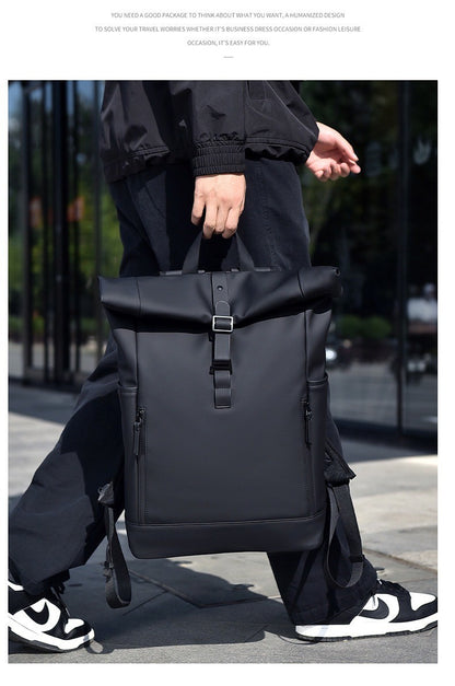 Black Fashion Roll Top Computer Bag Laptop Travel Business Waterproof Large Capacity Backpack Teenager School Bag ?? Mochila