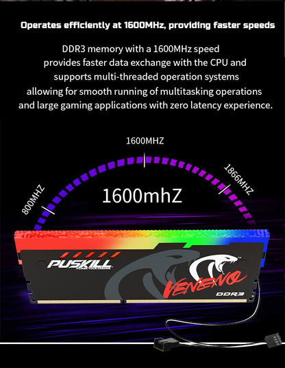 PUSKILL Memória RAM RGB DDR3 8GBx2 1600MHz 12800S Udimm Dual Channel DIMM Memória RAM para Desktop