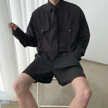 Gmiixder Cargo Long-sleeve Shirt with Tie Men's Oversize Kpop Shirt Korean Streetwear Versatile Motorcycle Pocket Streamers Coat