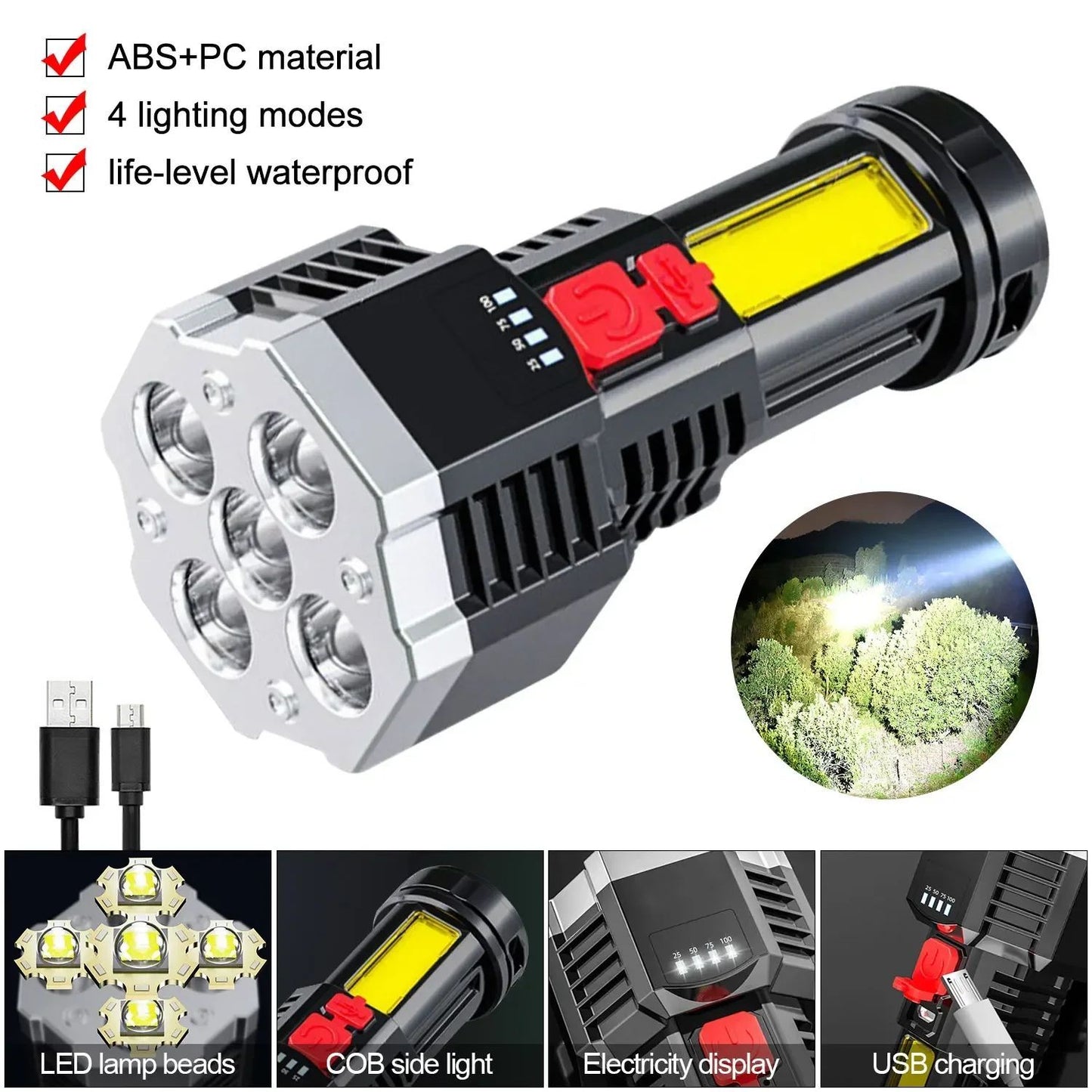 COB High Power LED Flashlight USB Rechargeable Waterproof Lamp For Camping Hiking Fishing Portable Flashlight Emergency Lantern