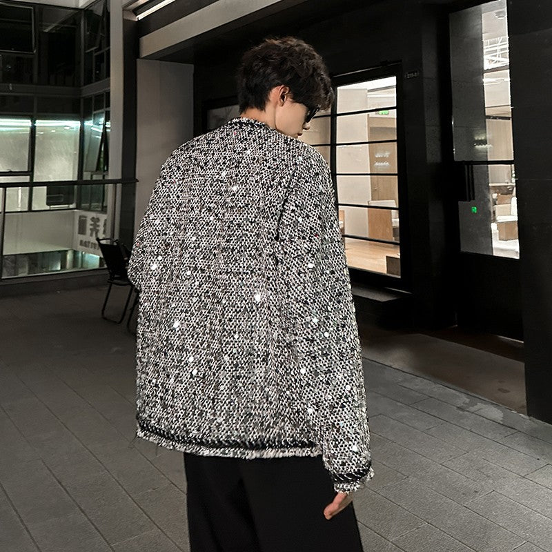 Korean Fashion Shiny Sequin Jacket Sliver Round Collar Long Sleeve Jackets Coats Autumn New Ladies Gentleman High Street