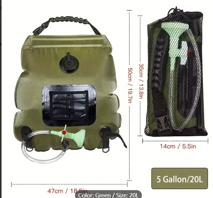 Bolsa de chuveiro para acampamento aquecida a energia solar de 5 galões – Bolsa de banho portátil com mangueira removível e chuveiro comutável, perfeita para ambientes externos