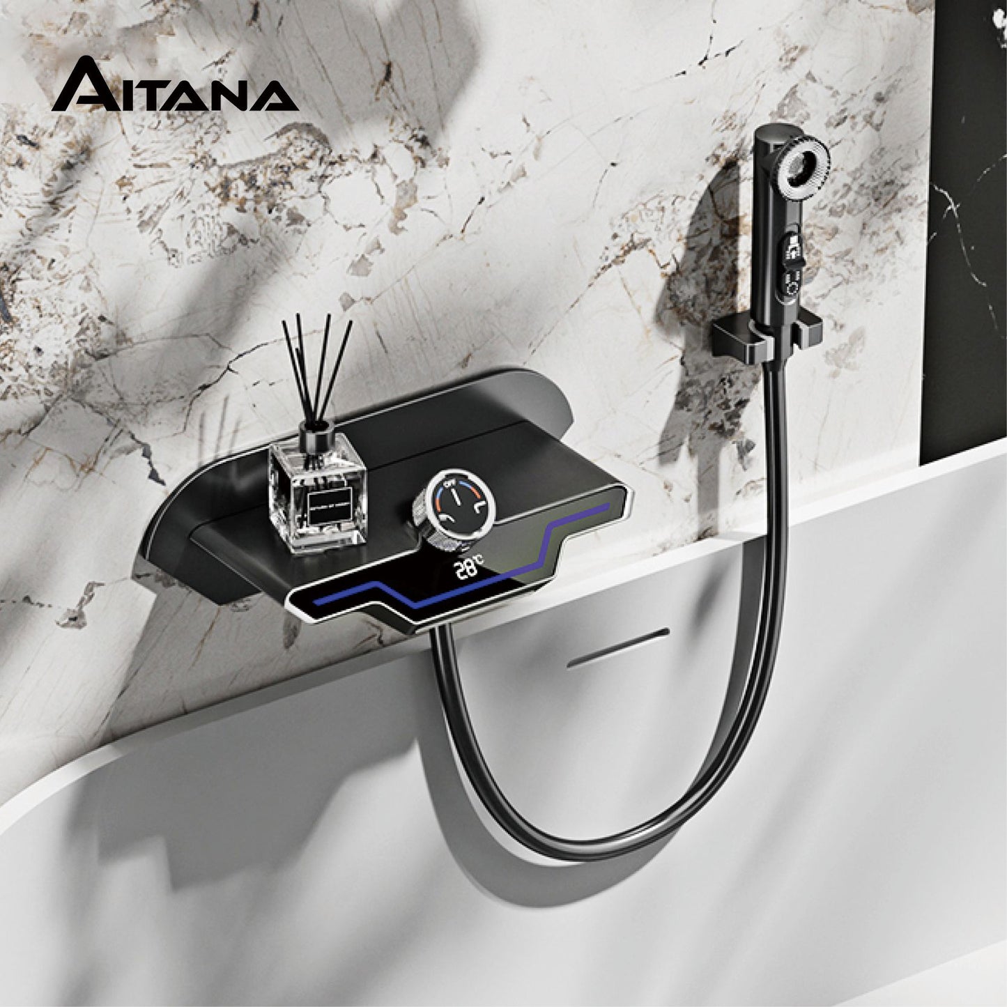 Luxury black brass wall mounted thermostatic bathroom faucet with LED digital display design, embedded hot and cold bathtub Tap