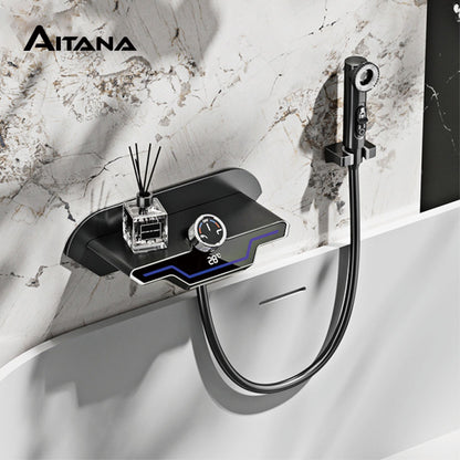 Luxury black brass wall mounted thermostatic bathroom faucet with LED digital display design, embedded hot and cold bathtub Tap
