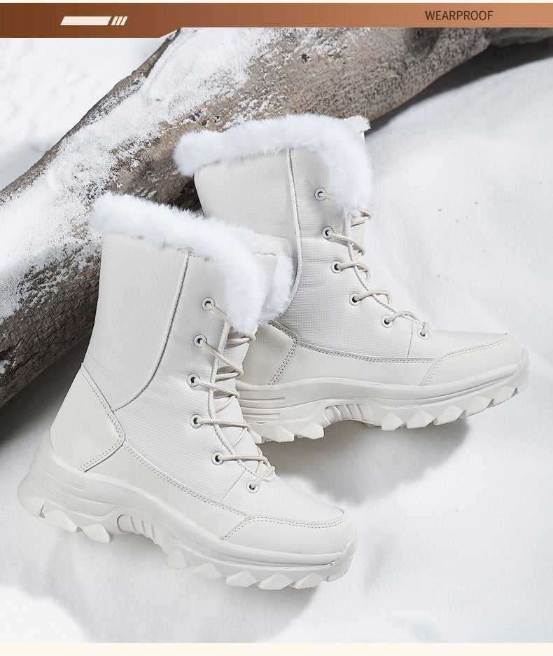 2025 Women's Snow Boots Beige Lace-up Waterproof Antiskid Female New Ankle Boots Walking Shoes plush Winter Warm Mid-Calf Boots